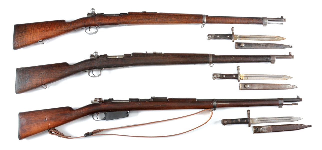 (C+A) LOT OF 3: CHILEAN MAUSERS AND ARGENTINE 1891 RIFLES WITH BAYONETS