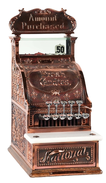 NATIONAL CASH REGISTER CO. MODEL #216 WITH ORIGINAL TOP SIGN AND ORIGINAL BREAST PLATE.