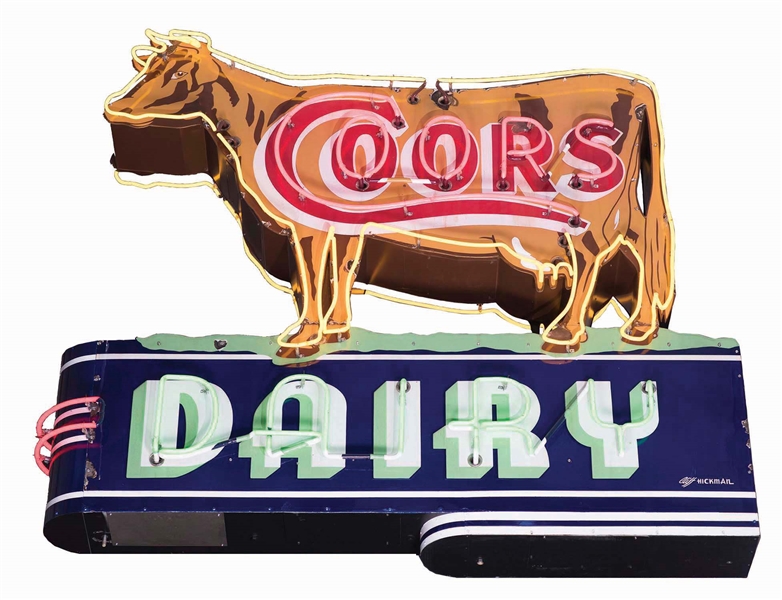 COMPLETE COORS DAIRY DIE CUT PORCELAIN COW NEON SIGN W/ BULLNOSE. 
