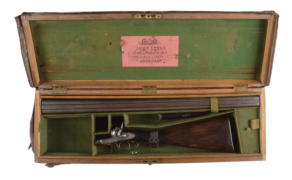 (A) EARLY JOHN LYELL SIDE BY SIDE SHOTGUN WITH ITS ORIGINAL PAIR TRUNK CASING.