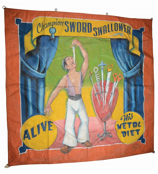 JOHNNY MEAH "CHAMPION SWORD SWALLOWER" CIRCUS BANNER.