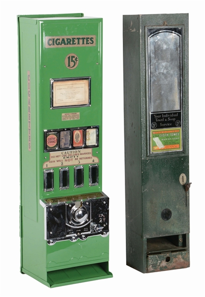 LOT OF 2: 15¢ CIGARETTE VENDING MACHINE AND 5¢ TOWEL AND SOAP VENDER.