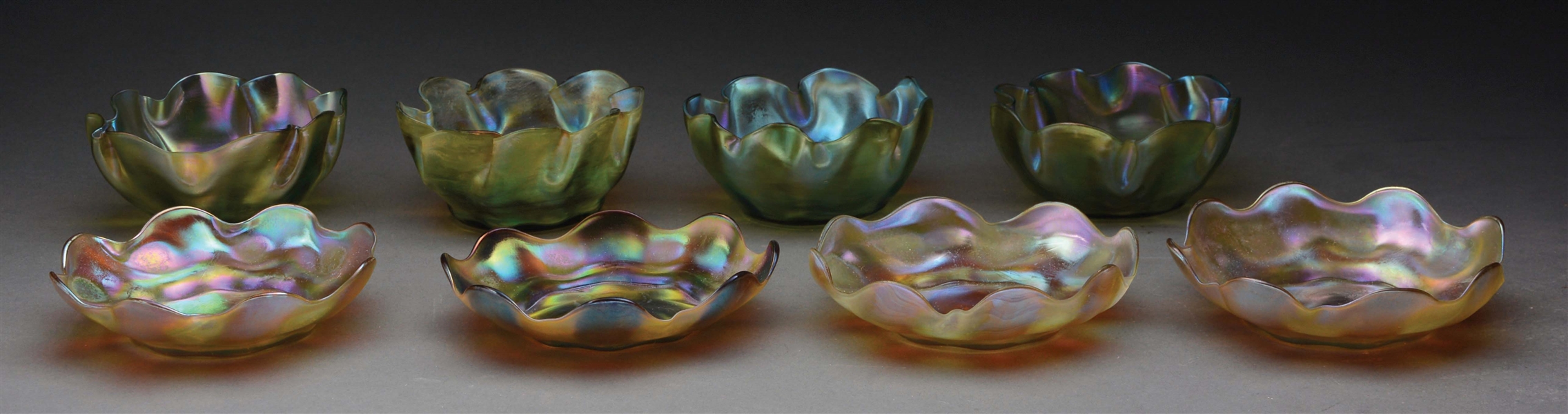 TIFFANY FAVRILE FINGER BOWLS AND UNDER PLATES.