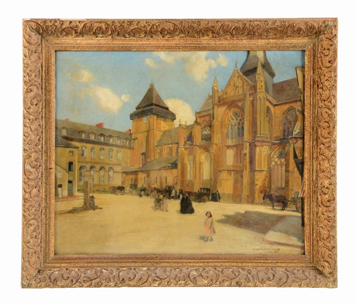 HUGHES DE BEAUMONT (FRENCH, 1874 - 1947) VIEW OF A FRENCH CATHEDRAL AND CHILDREN IN THE SQUARE.