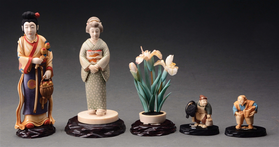 GROUP OF FIVE CARVED IVORY POLYCHROME DECORATED FIGURES.