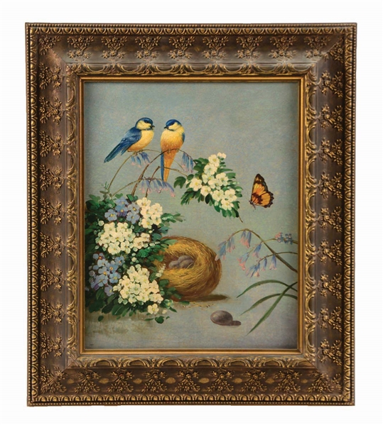 FIDELIA BRIDGES (AMERICAN, 1834 - 1923) STILL LIFE OF GOLD FINCHES WITH NEST.