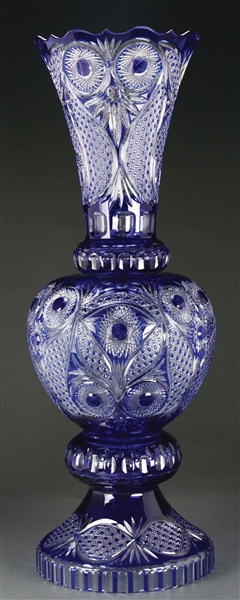 AN IMPORTANT AND MAGNIFICENT GUS KHRUSTALNY CASED INDIGO CRYSTAL EXHIBITION VASE.