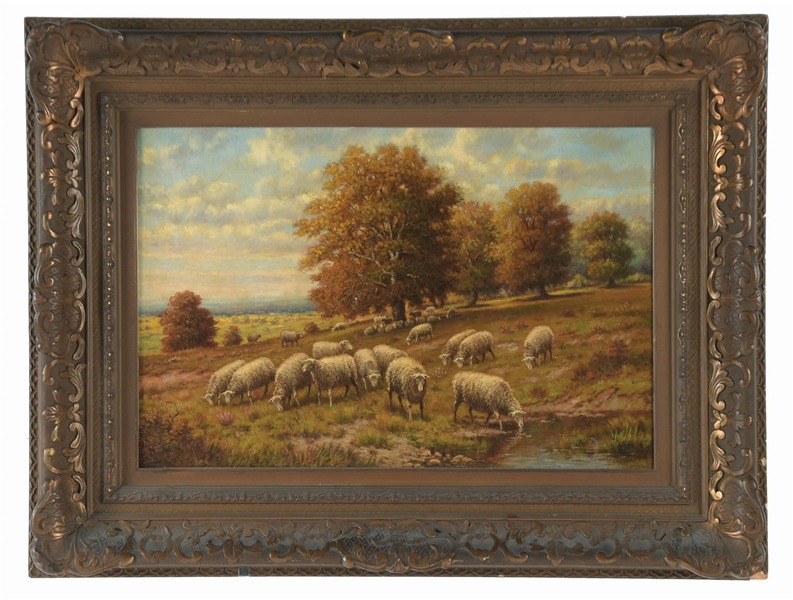 HERMAN ROHDE (AMERICAN, 19TH CENTURY) GRAZING SHEEP IN FALL LANDSCAPE.