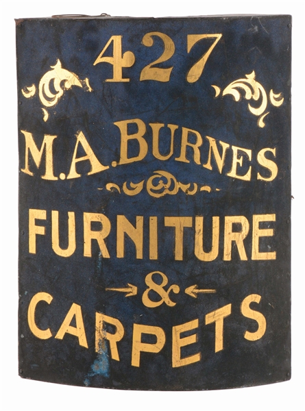 M.A. BURNES FURNITURE & CARPETS CURVED CORNER TRADE SIGN.