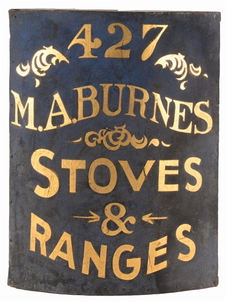 M.A. BURNES STOVE AND RANGES CURVED CORNER TRADE SIGN.