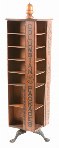 COLUMBIAN PACKAGES WOODEN ROTATING COUNTER DISPLAY.