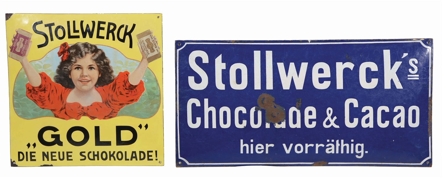 LOT OF 2: STOLLWERCK GOLD & STOLLWERCKS CHOCOLADE & CACAO PORCELAIN SIGNS.