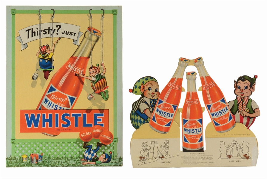 LOT OF 2: CARDBOARD WHISTLE SODA ADVERTISING SIGNS.