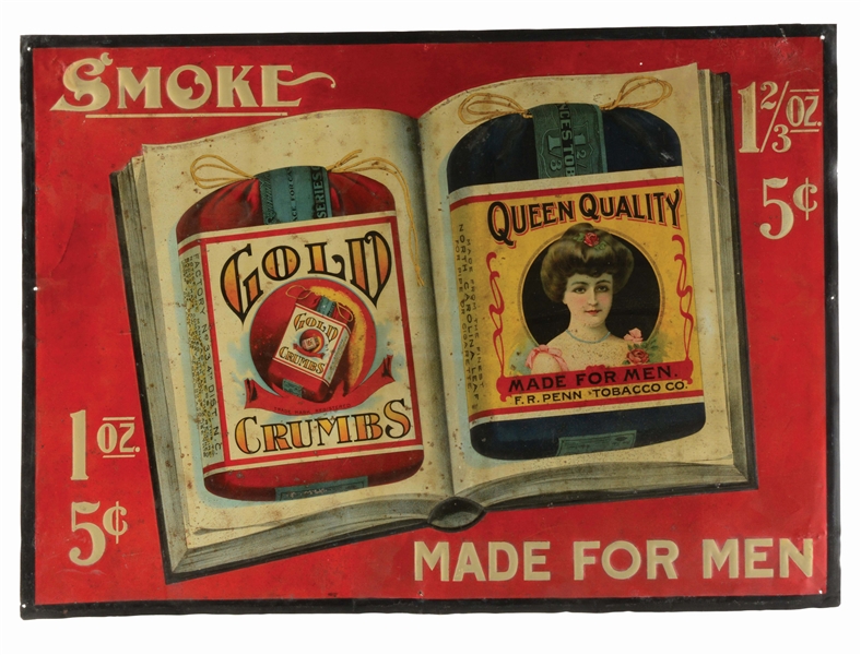 QUEEN QUALITY GOLD CRUMBS EMBOSSED TIN ADVERTISING SIGN.