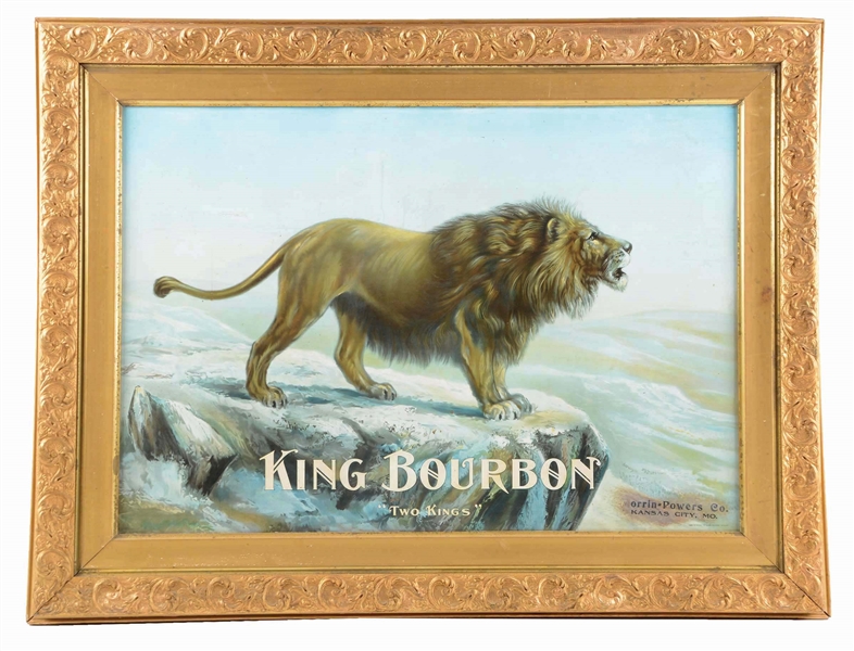 KING BOURBON "TWO KINGS" TIN LITHO ADVERTISING SIGN.