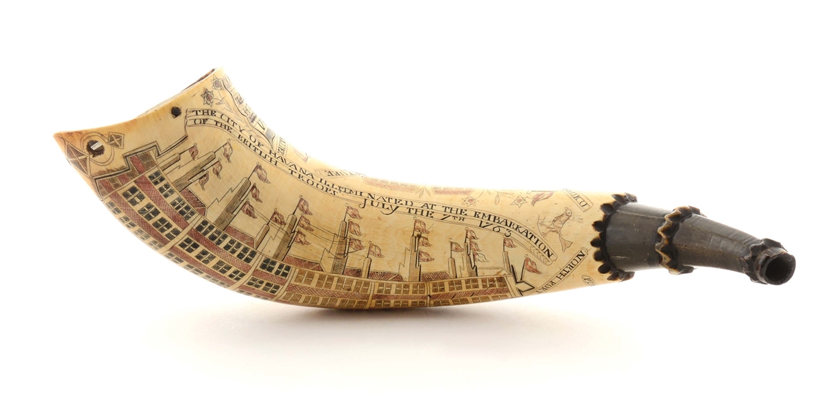 EXCEPTIONAL AND RARE ENGRAVED HAVANA MAP POWDER HORN DATED JULY 7TH, 1763 AND DECORATED WITH POLYCHROME COLORS.