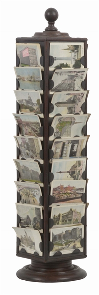 COUNTRY STORE WOOD POST CARD DISPLAY RACK WITH ZENO GUM POSTCARDS.