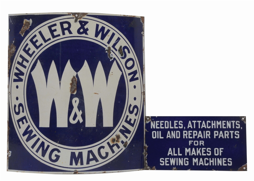LOT OF 2: PORCELAIN WHEELER AND WILSON SEWING MACHINE SIGNS.