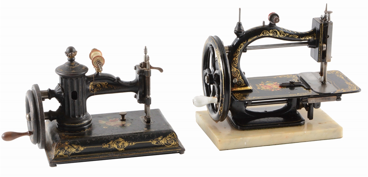 LOT OF 2: SEWING MACHINES, ONE ON MARBLE BASE.