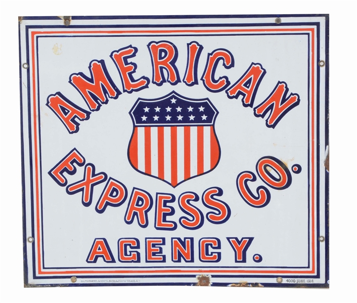 AMERICAN EXPRESS SINGLE-SIDED PORCELAIN ADVERTISING SIGN.