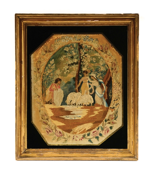 FINE EXAMPLE OF A PASTORAL NEEDLEWORK AND PAINTED SILK SCENE CIRCA 1800.