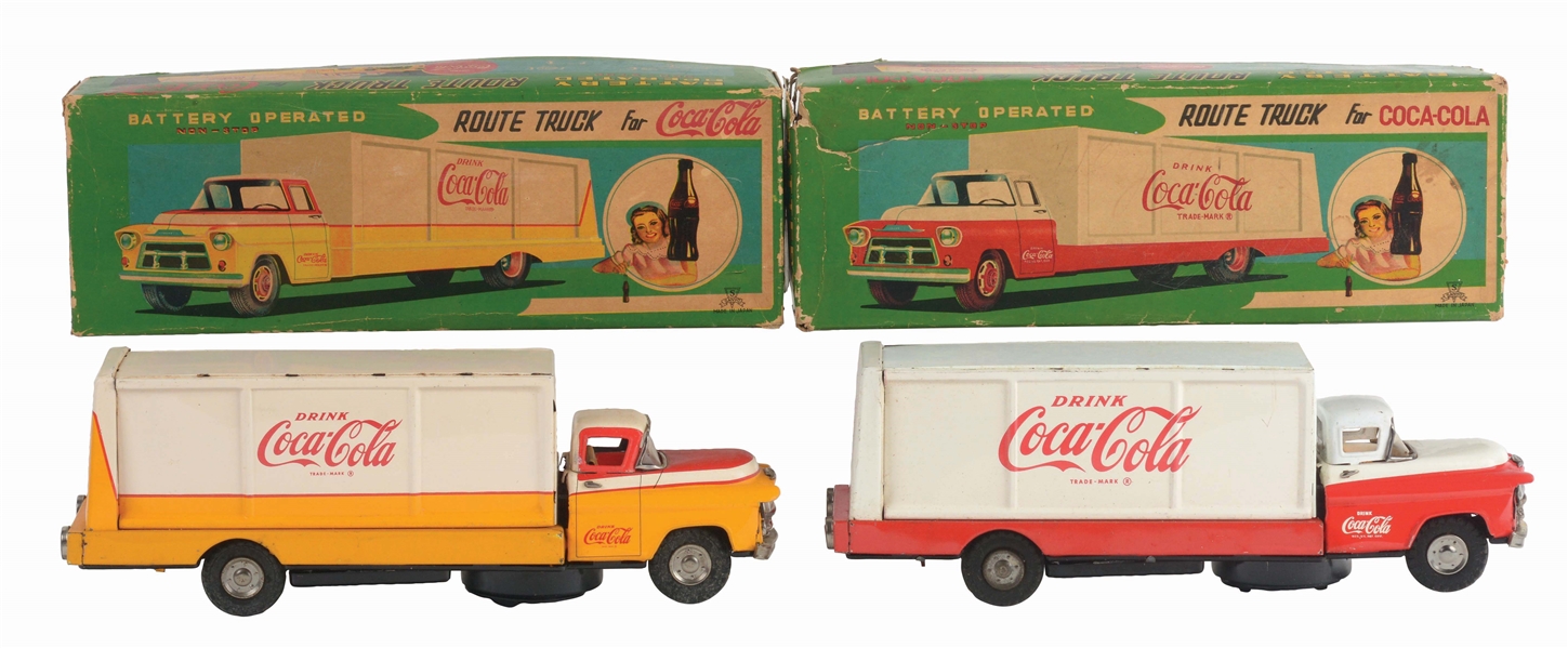 LOT OF 2: JAPANESE BATTERY-OPERATED TIN-LITHO COCA-COLA TRUCKS.