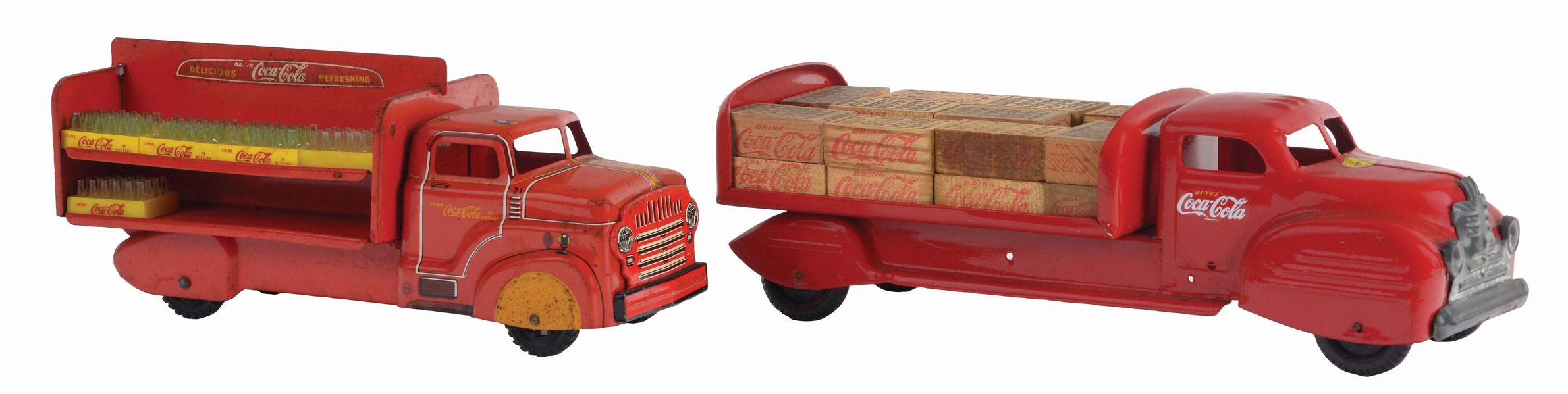 LOT OF 2: AMERICAN AND CANADIAN MADE SCARCE COCA-COLA TOY TRUCKS.