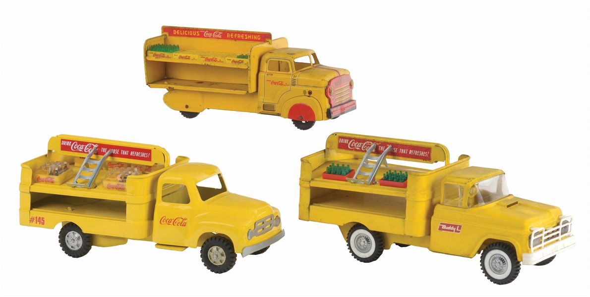 LOT OF 3: AMERICAN MADE PRESSED STEEL AND TIN-LITHO COCA-COLA TRUCKS. 