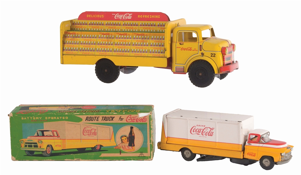LOT OF 2: JAPANESE AND AMERICAN MADE TIN-LITHO COCA-COLA TRUCKS.