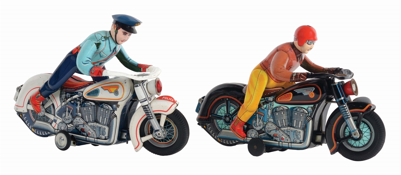 LOT OF 2: JAPANESE TIN-LITHO BATTERY-OPERATED MOTORCYCLE TOYS.