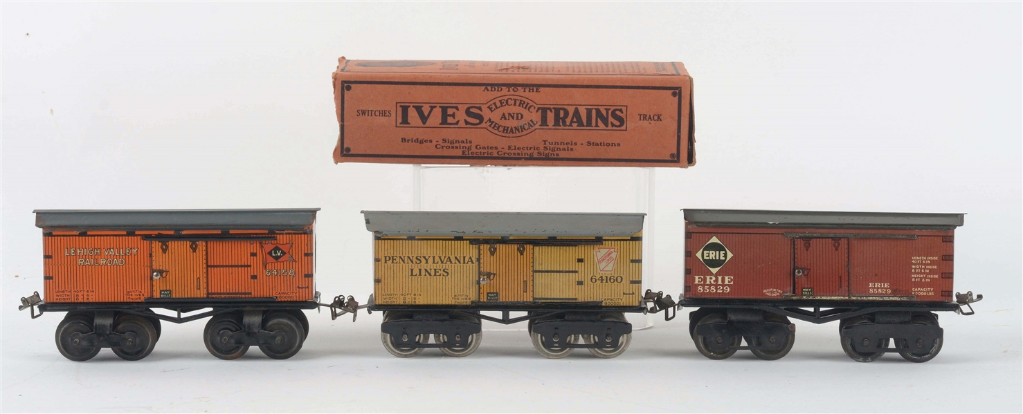 LOT OF 3: IVES O-GAUGE BOXCARS.