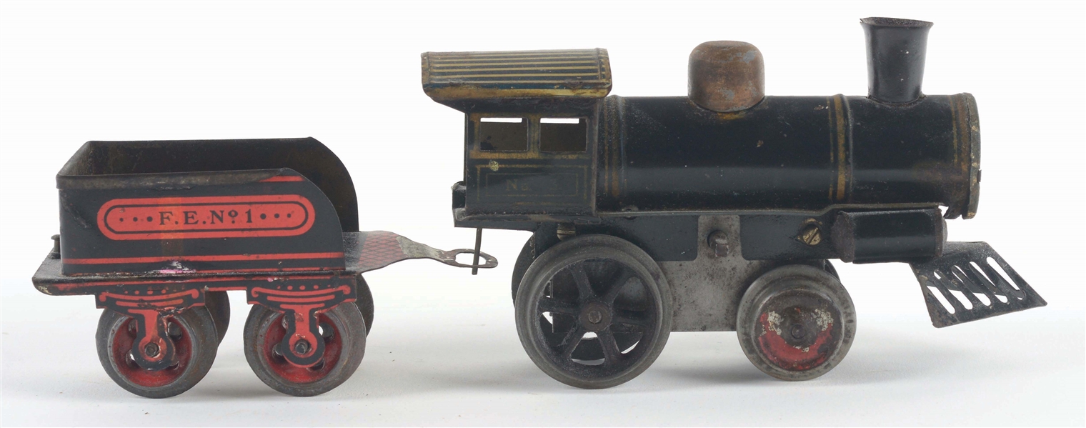 EARLY IVES O-GAUGE NO. 3 STEAM ENGINE AND MATCHING TENDER.