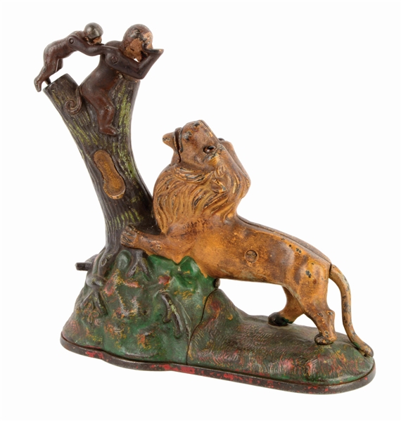 KYSER AND REX LION AND MONKEYS CAST IRON MECHANICAL BANK.