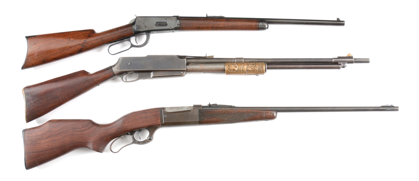 (C) LOT OT THREE: WINCHESTER 94 .38-55 LEVER ACTION RIFLE, STANDARD ARMS MODEL G .35 SLIDE ACTION RIFLE, AND SAVAGE MODEL 99 .300 SAVAGE LEVER ACTION RIFLE.