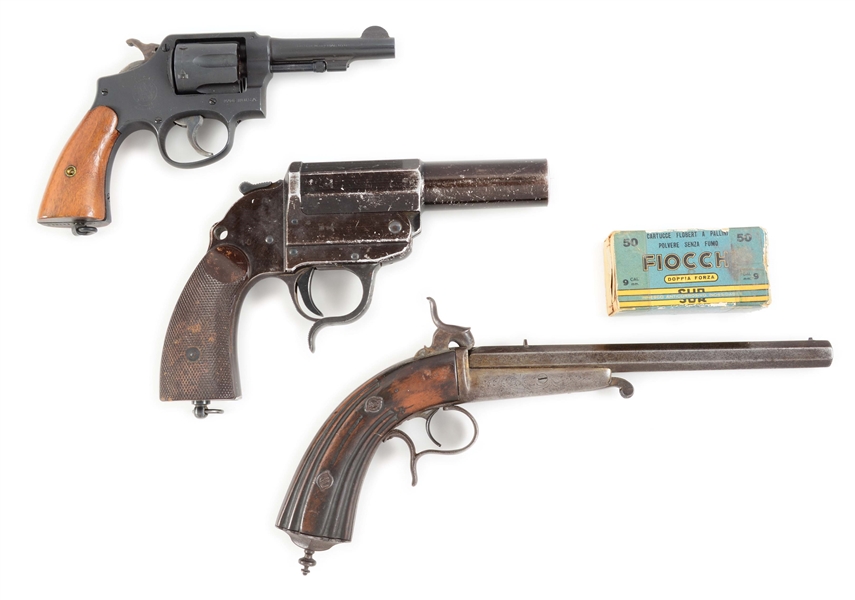 (C+A) LOT OF THREE: SMITH AND WESSON REVOLVER, WALTHER FLARE PISTOL, AND GAUBERT RIMFIRE PISTOL.