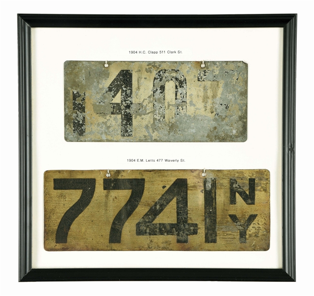 TWO FRAMED VERY EARLY NY LICENSE PLATES.