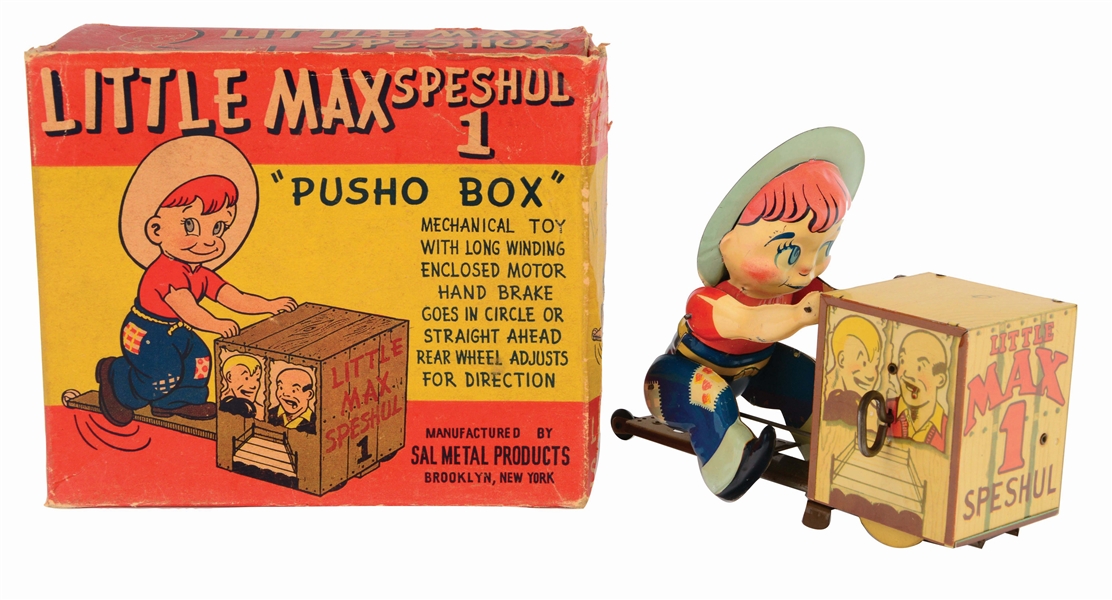 VERY RARE TIN-LITHO WIND-UP LITTLE MAX SPESHUL COMIC TOY WITH ORIGINAL BOX.