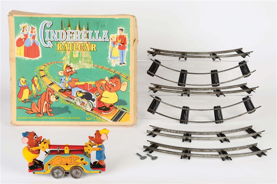 TIN-LITHO AND COMPOSITION WELLS BRIMTOY WIND-UP CINDERELLA RAIL CAR IN ORIGINAL BOX.