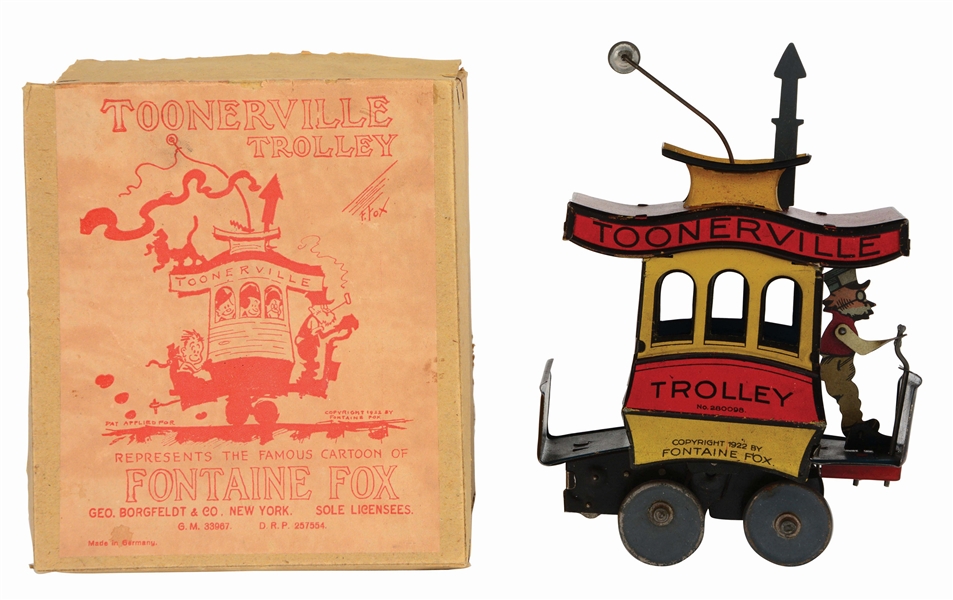 GERMAN NIFTY TIN-LITHO WIND-UP TOONERVILLE TROLLEY WITH ORIGINAL BOX.