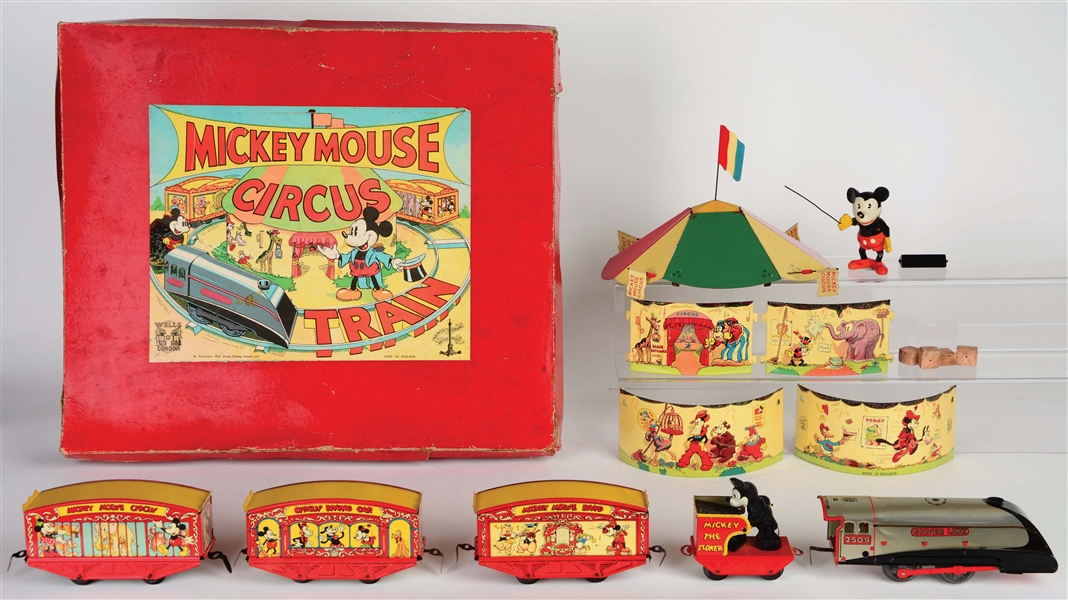 WELLS WALT DISNEY TIN-LITHO WIND-UP MICKEY MOUSE CIRCUS TRAIN IN BOX.