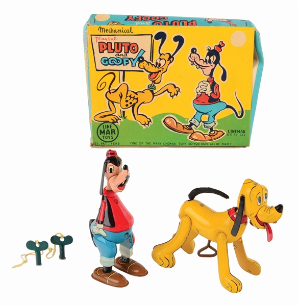 LINEMAR TIN-LITHO WIND-UP WALT DISNEY PLAYFUL PLUTO AND GOOFY WIND-UP TOYS IN BOX.
