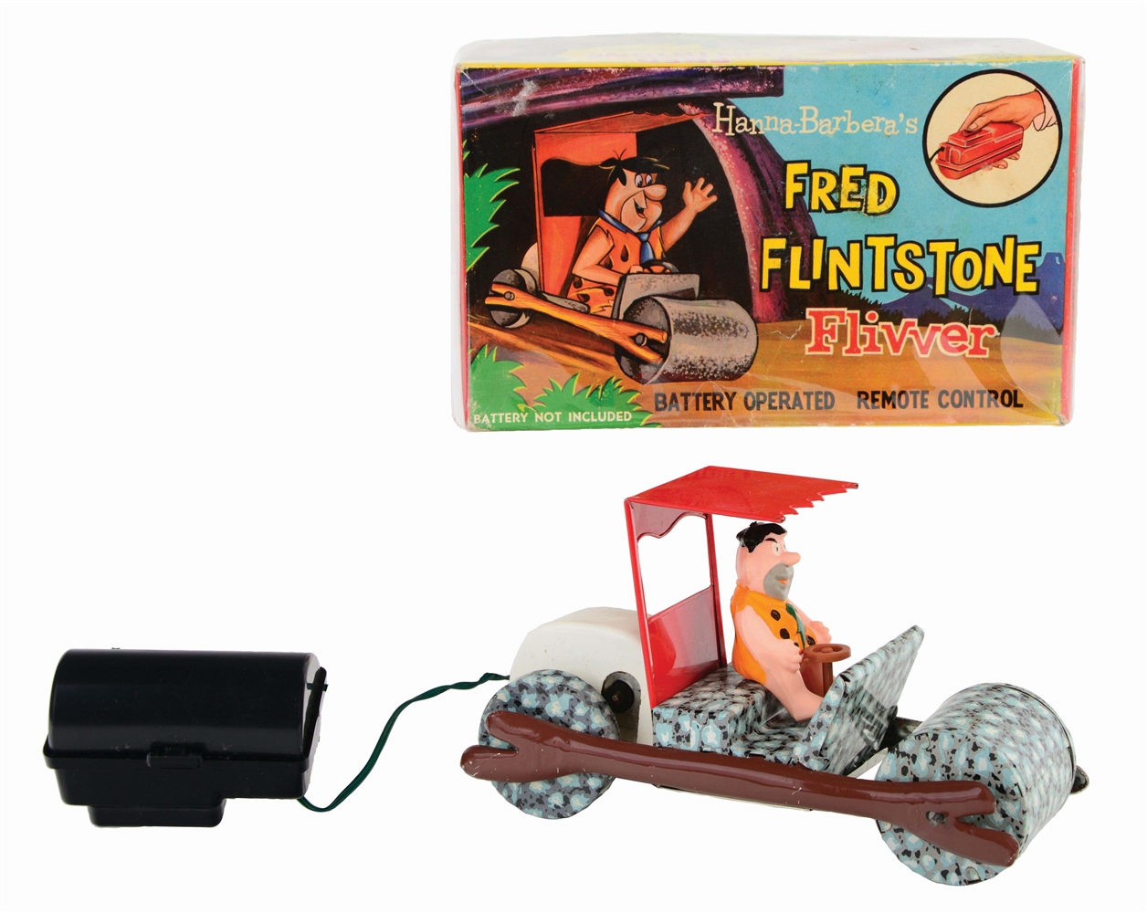 MARX TIN-LITHO AND PLASTIC FRED FLINTSTONE BATTERY-OPERATED FLIVVER TOY.
