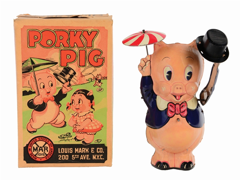 MARX TIN-LITHO WIND-UP PORKY PIG WITH TOP HAT TOY IN ORIGINAL BOX.
