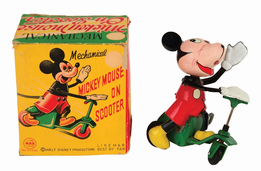 LINEMAR TIN-LITHO WIND-UP MICKEY MOUSE ON SCOOTER TOY.