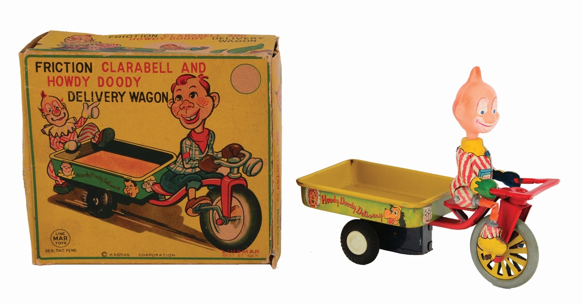 LINEMAR TIN-LITHO AND CELLULOID CLARABELLE CLOWN HOWDY DOODY DELIVERY WAGON TOY.