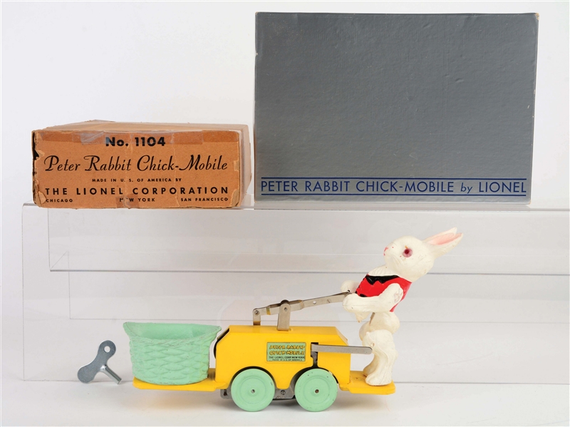 RARE LIONEL NO. 1104 PETER RABBIT FLOOR VERSION CHICK-MOBILE TOY IN ORIGINAL BOX.