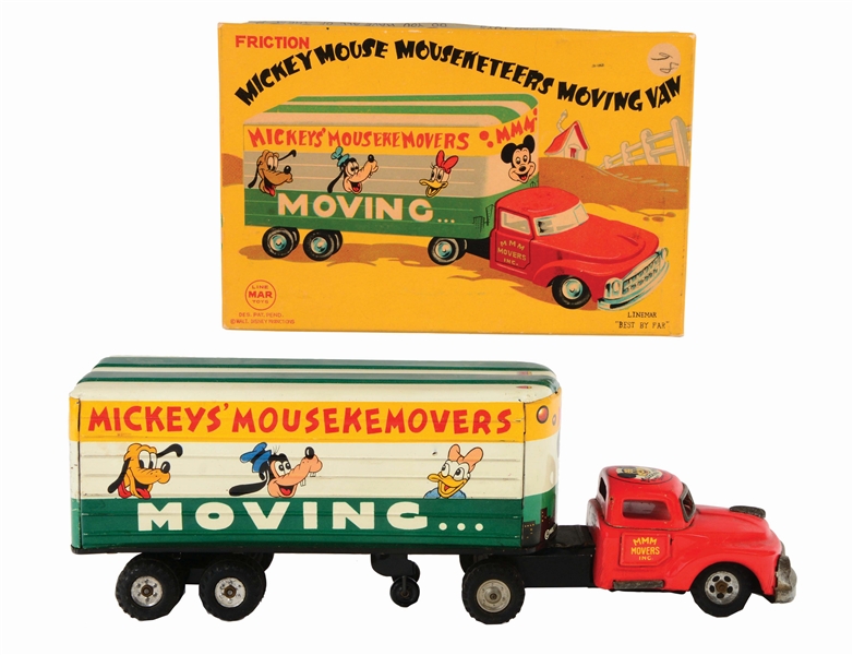 LINEMAR TIN-LITHO FRICTION WALT DISNEY MICKEY MOUSE MOVING VAN TOY IN ORIGINAL BOX.