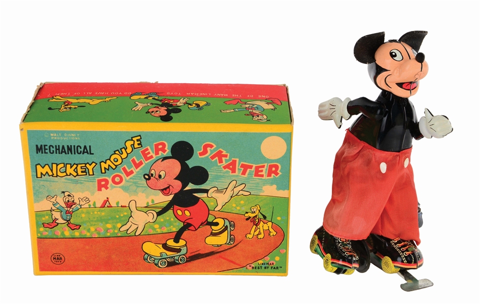 LINEMAR TIN-LITHO WIND-UP WALT DISNEY MICKEY MOUSE ROLLER SKATER TOY.