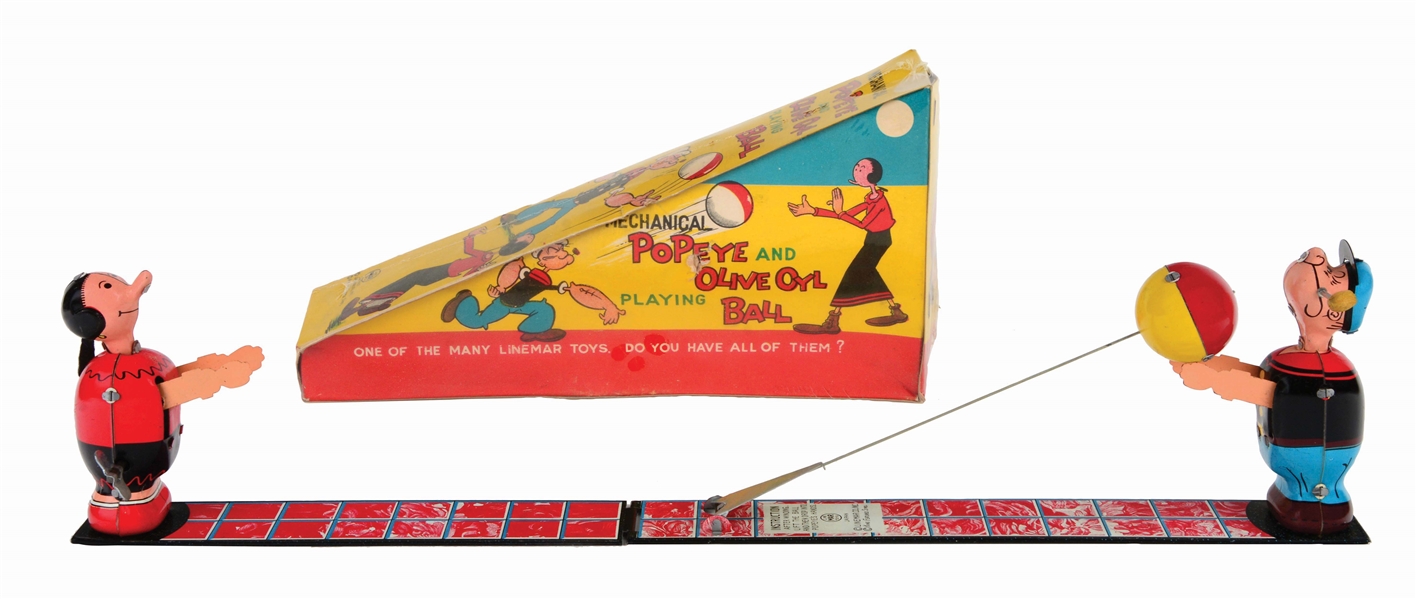 LINEMAR TIN-LITHO WIND-UP POPEYE AND OLIVE OYL BALL TOSS TOY.