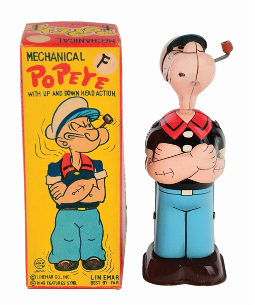 LINEMAR TIN-LITHO WIND-UP POPEYE WITH UP AND DOWN HEAD ACTION TOY.